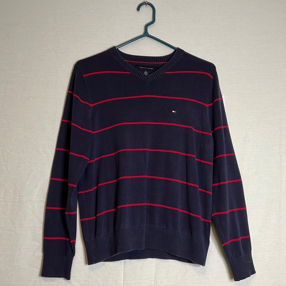 Tommy Hilfiger Extra Small Navy Blue and Red Striped Sweater - Picture 1 of 3